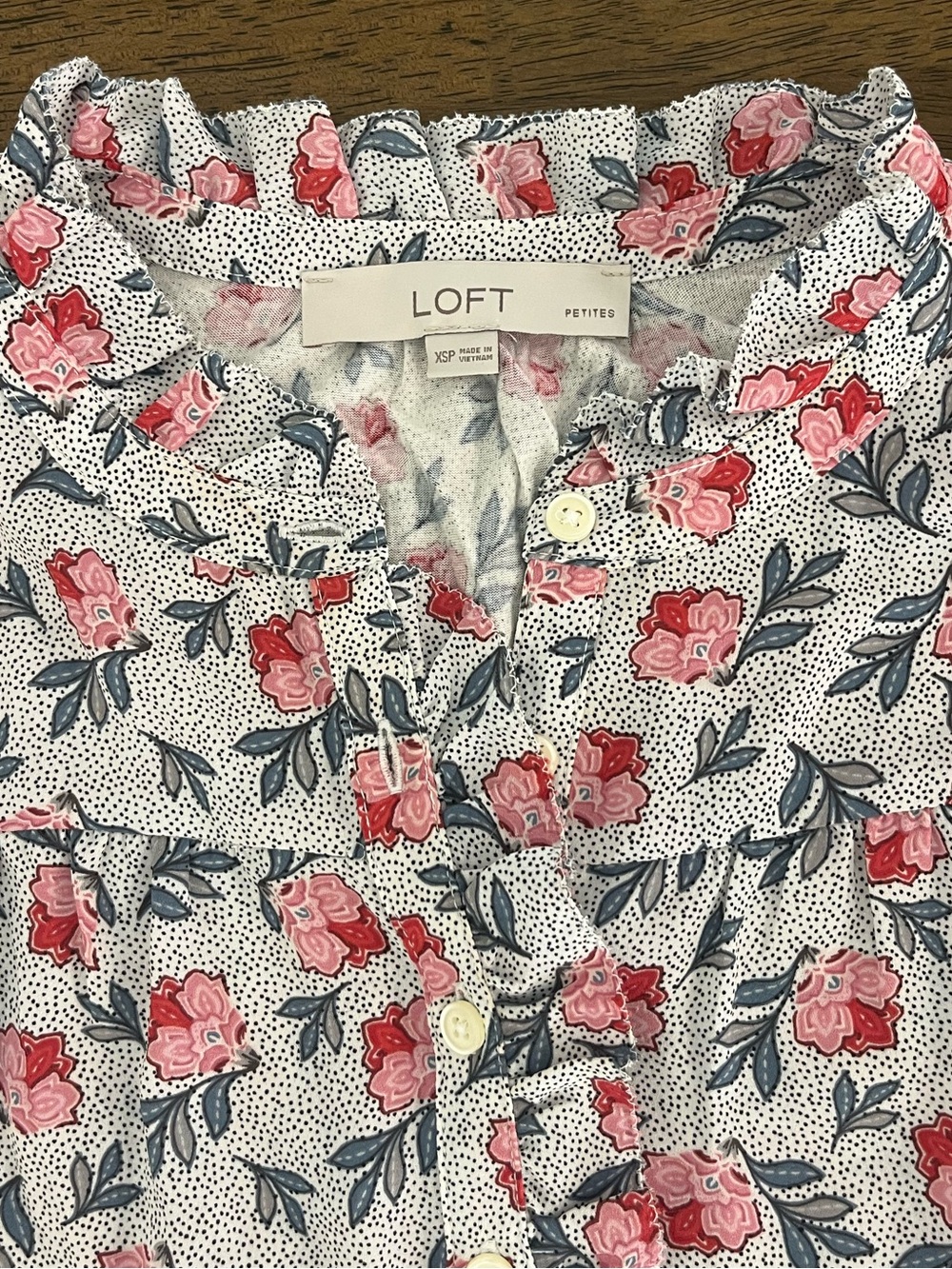 LOFT White Floral Ruffle Henley Mixed Media Blouse with Pink Flowers Sz XSP Top - Picture 3 of 8